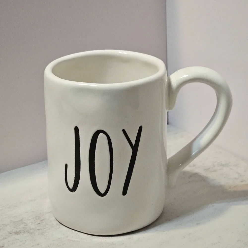 Pier 1 Imports Oversized Stoneware Coffee Tea Hot Cocoa Mug JOY White / Black